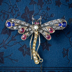 Antique Victorian Dragonfly Brooch Diamond Sapphire Ruby Pearl 