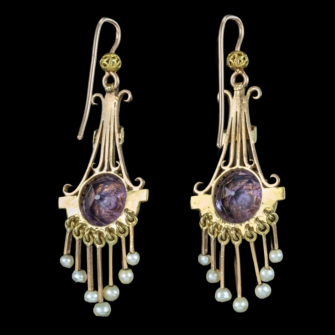 Antique Victorian Drop Earrings Amethyst Pearl 18ct Gold 