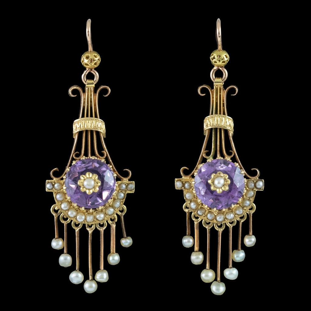 Antique Victorian Drop Earrings Amethyst Pearl 18ct Gold 
