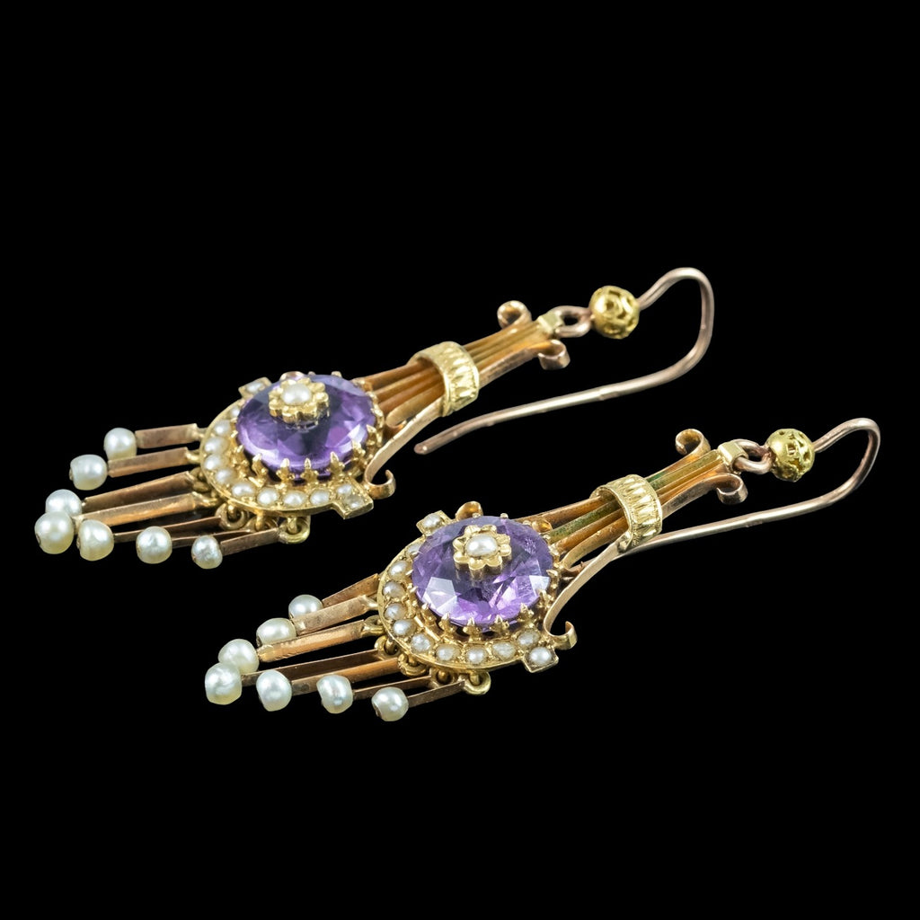 Antique Victorian Drop Earrings Amethyst Pearl 18ct Gold 