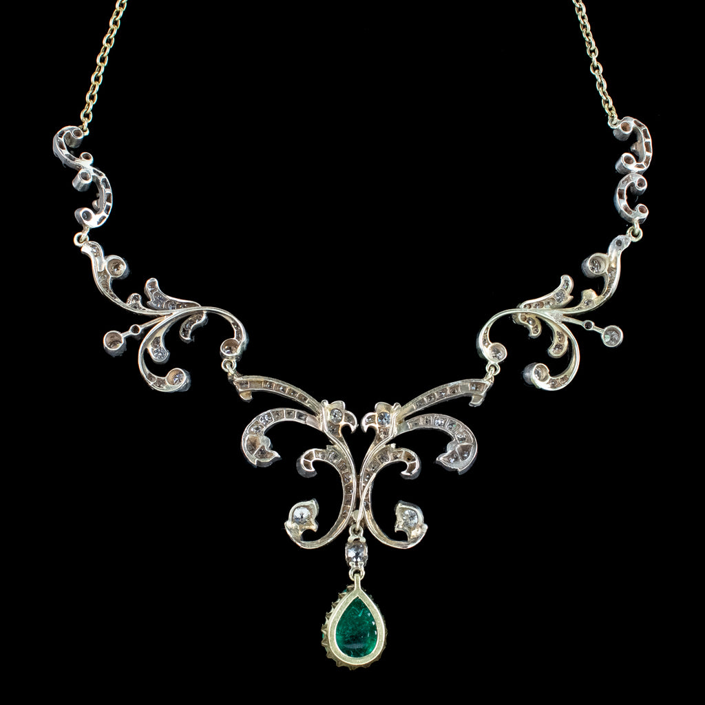 Antique Victorian Emerald Diamond Lavaliere Necklace 5ct Emerald
