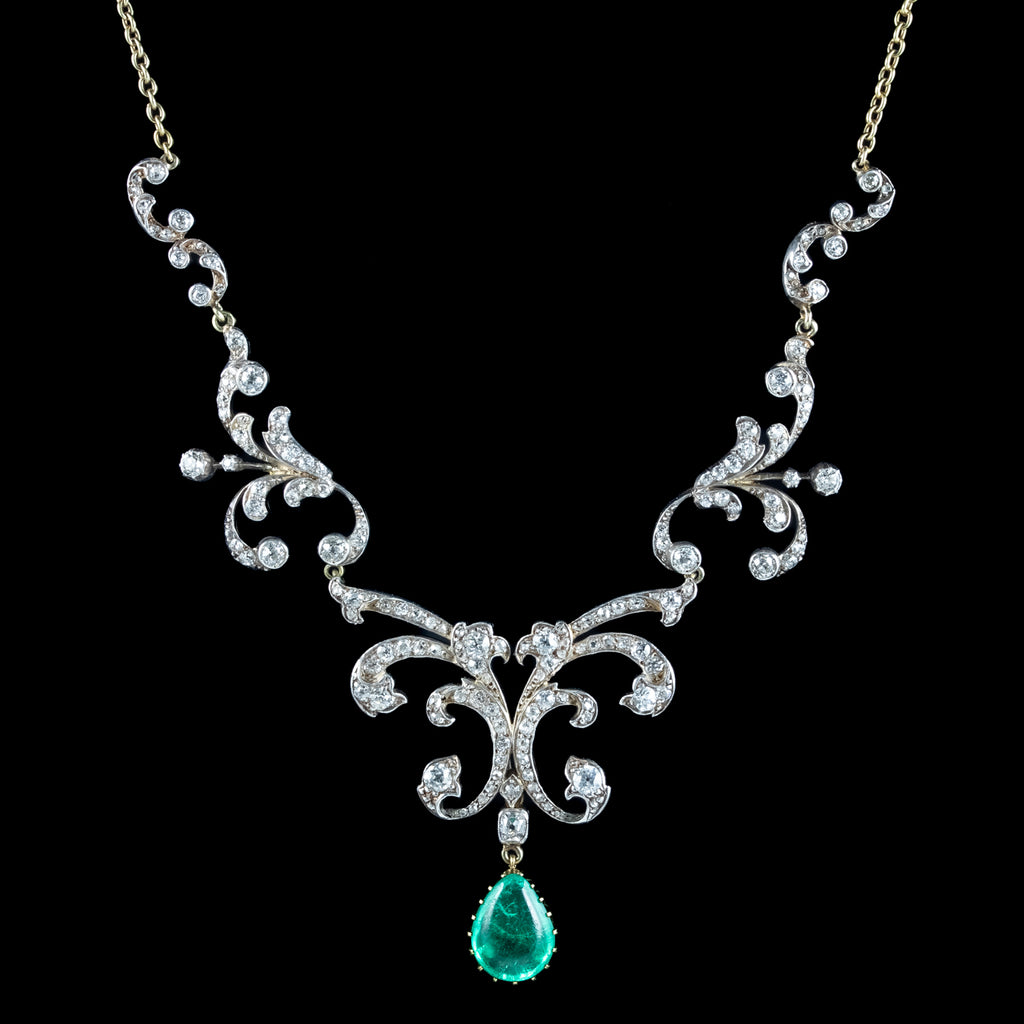 Antique Victorian Emerald Diamond Lavaliere Necklace 5ct Emerald