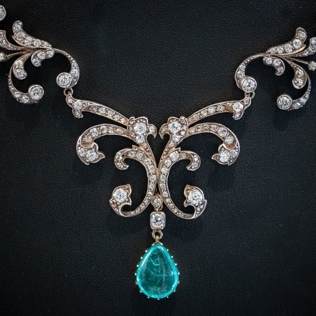 Antique Victorian Emerald Diamond Lavaliere Necklace 5ct Emerald