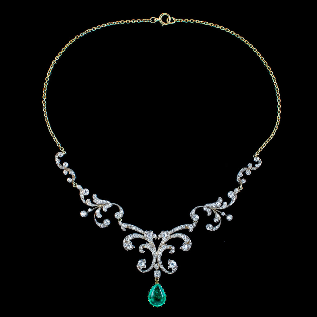Antique Victorian Emerald Diamond Lavaliere Necklace 5ct Emerald