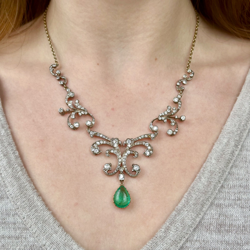 Antique Victorian Emerald Diamond Lavaliere Necklace 5ct Emerald