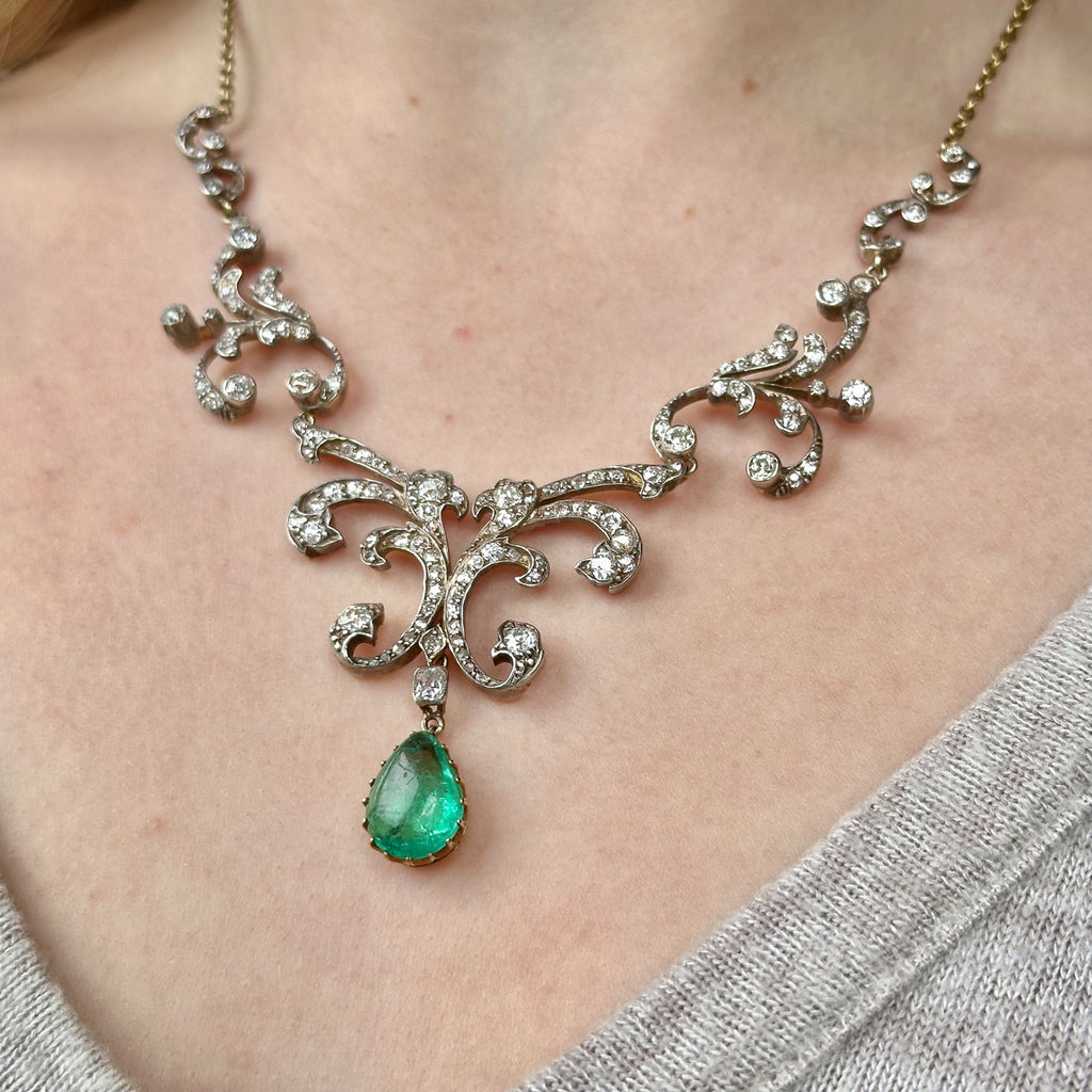 Antique Victorian Emerald Diamond Lavaliere Necklace 5ct Emerald