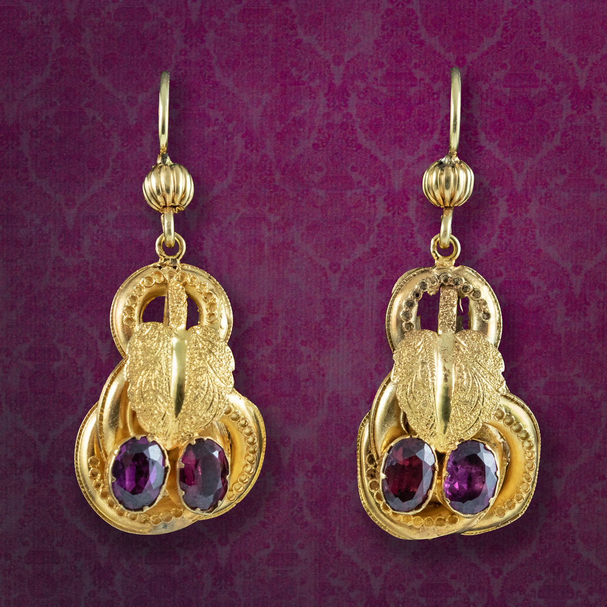 Antique Victorian Etruscan Garnet Drop Earrings 15ct Gold Main image