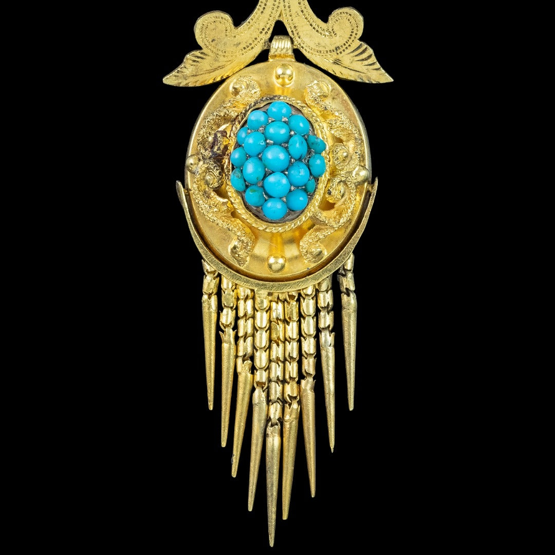 Antique Victorian Etruscan Turquoise Drop Earrings 18ct Gold