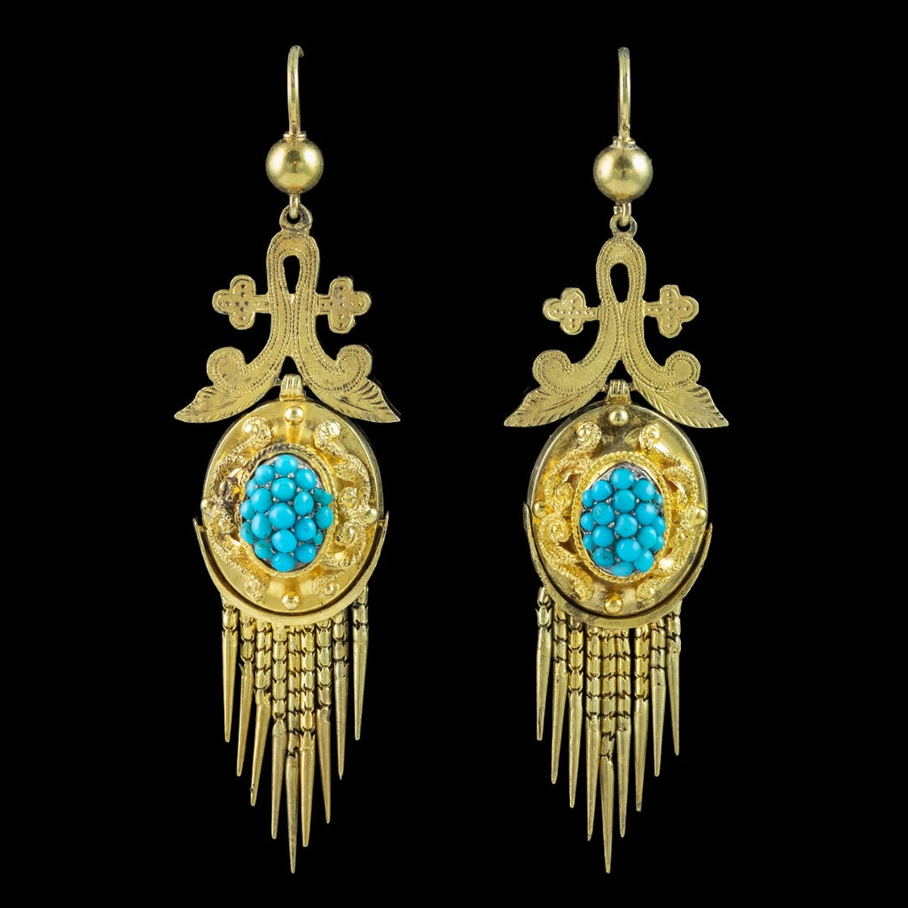 Antique Victorian Etruscan Turquoise Drop Earrings 18ct Gold