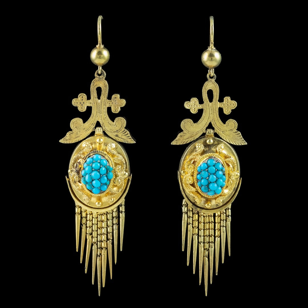 Antique Victorian Etruscan Turquoise Drop Earrings 18ct Gold