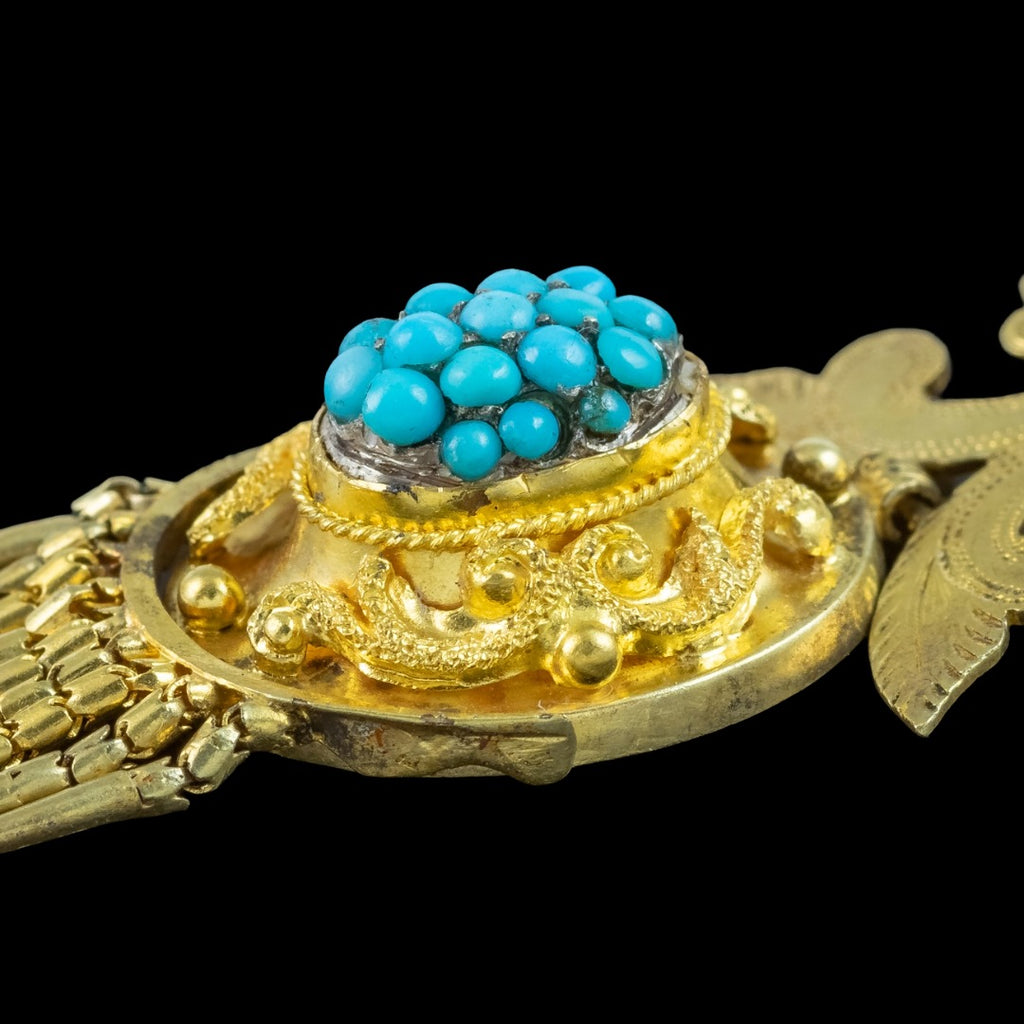 Antique Victorian Etruscan Turquoise Drop Earrings 18ct Gold