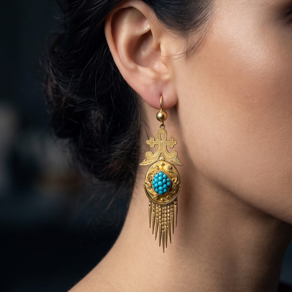 Antique Victorian Etruscan Turquoise Drop Earrings 18ct Gold