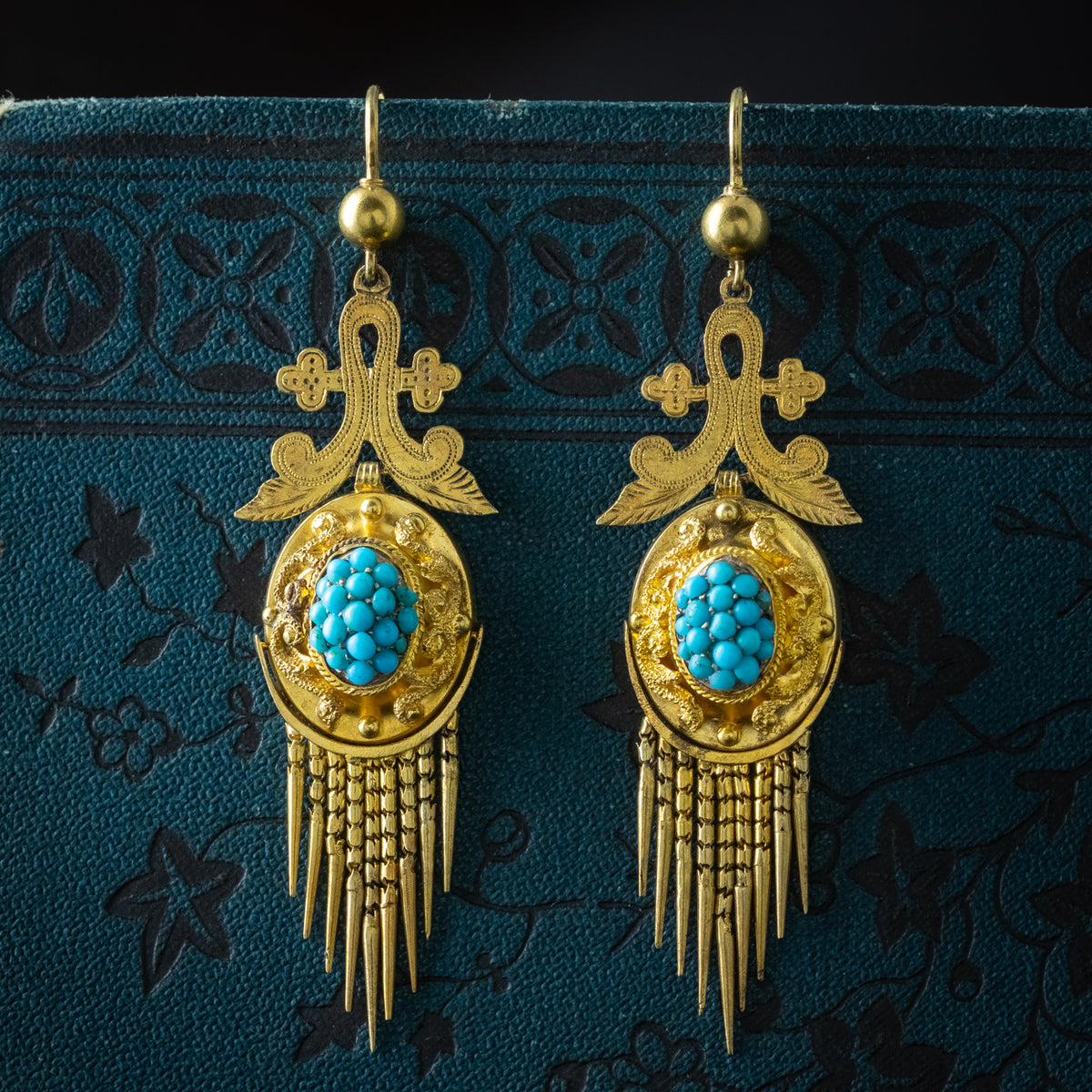 Antique Victorian Etruscan Turquoise Drop Earrings 18ct Gold