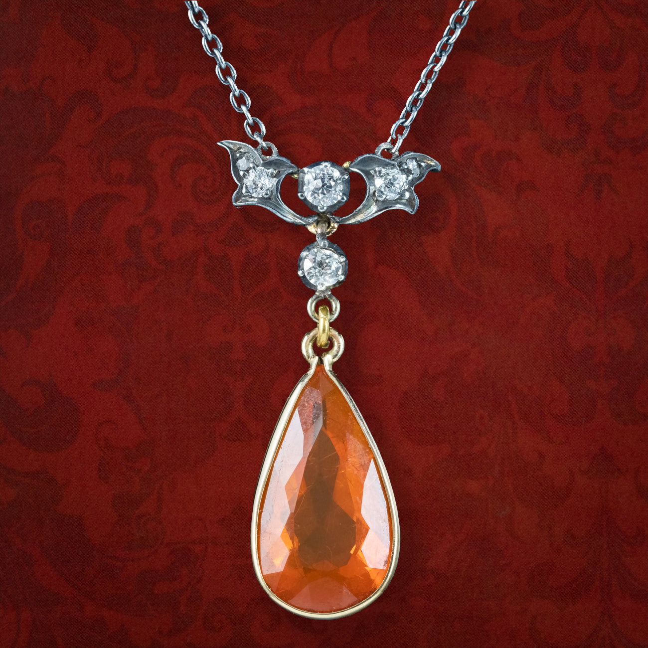Antique Victorian Fire Opal Diamond Lavaliere Necklace 5ct Opal Main image