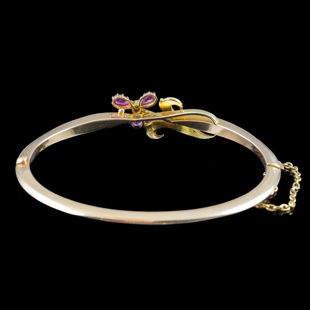 Antique Victorian Flower Bangle 15ct Gold Pink Sapphire Diamond Pearl