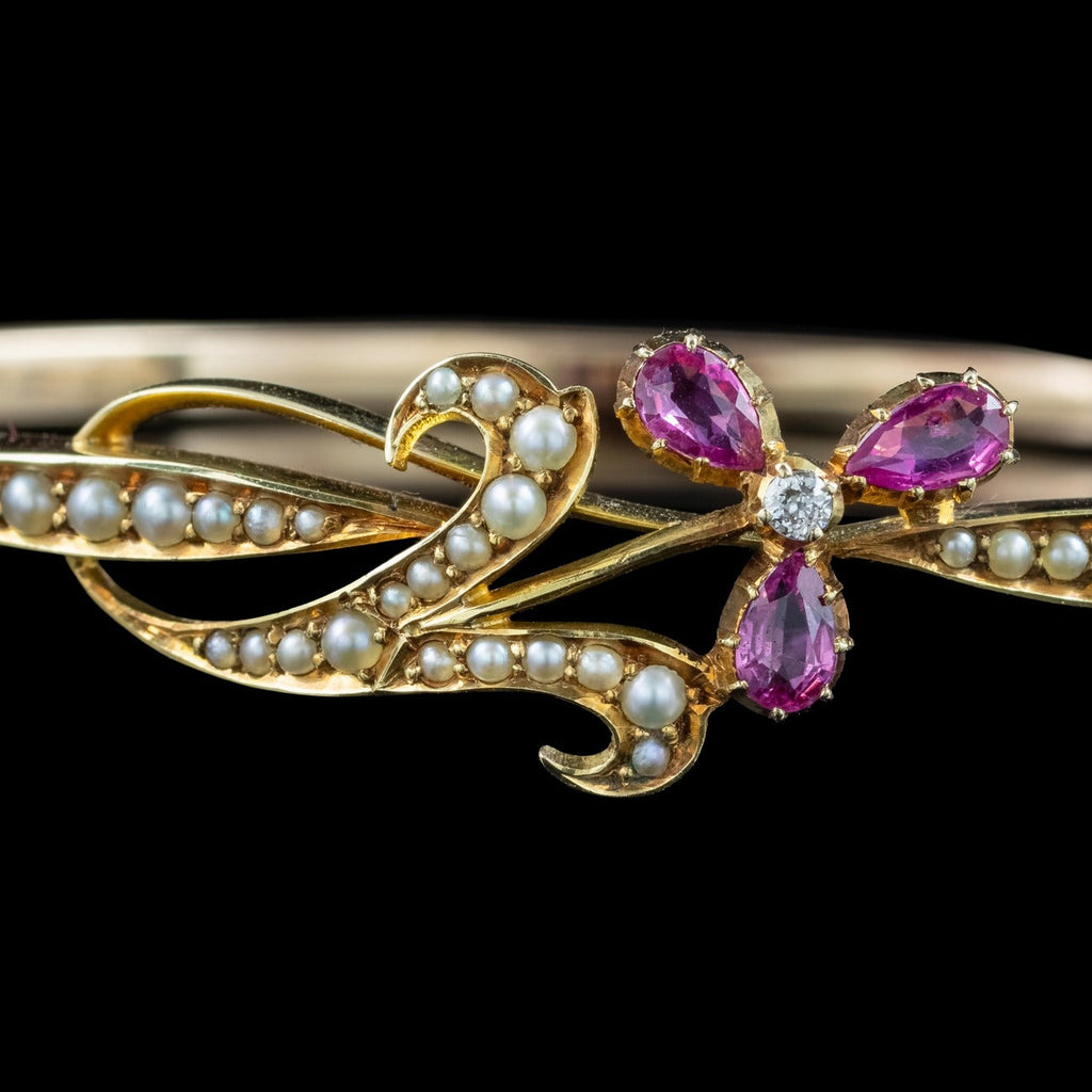 Antique Victorian Flower Bangle 15ct Gold Pink Sapphire Diamond Pearl