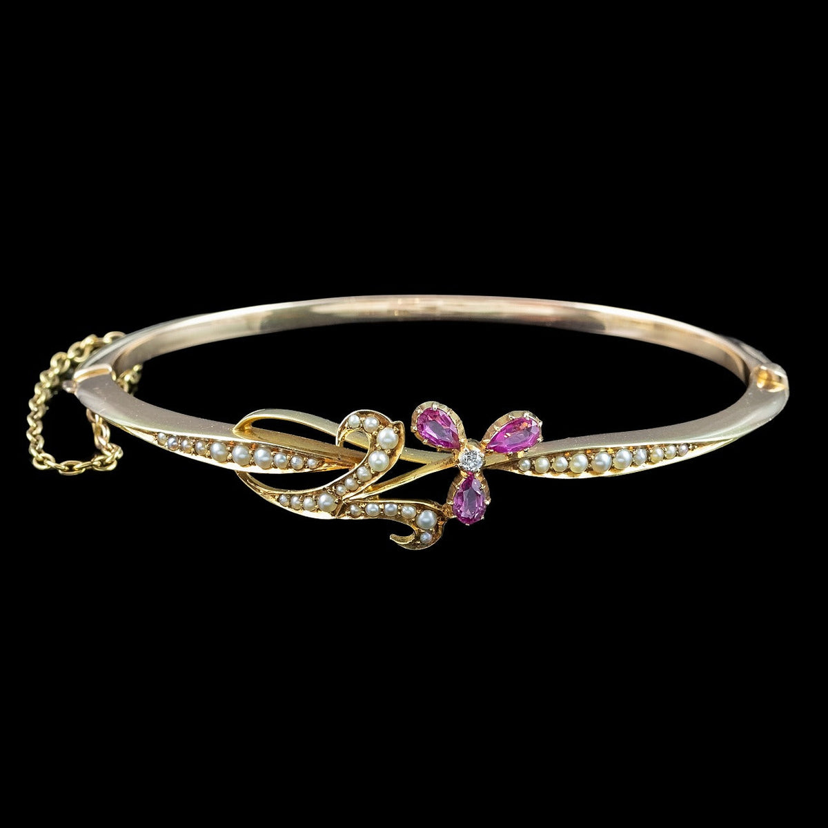 Antique Victorian Flower Bangle 15ct Gold Pink Sapphire Diamond Pearl