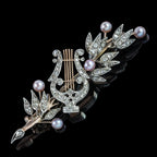 Antique Victorian French Brooch Pearl Diamond Olive Branch And Lyre With Box