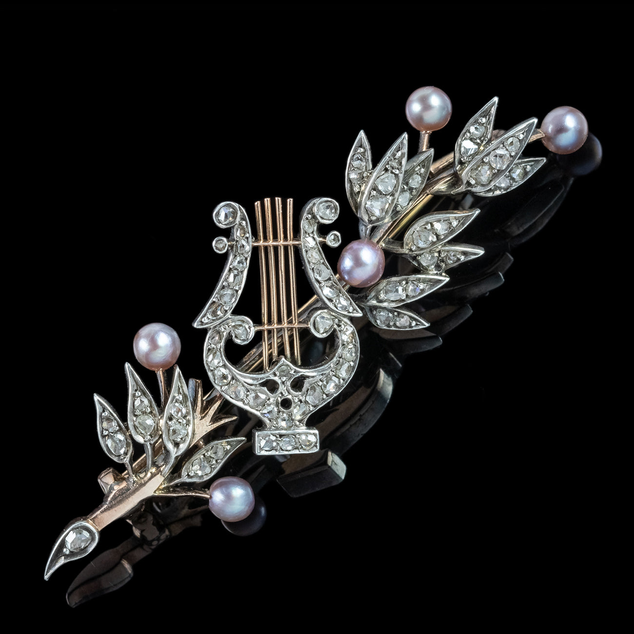 Antique Victorian French Brooch Pearl Diamond Olive Branch And Lyre With Box