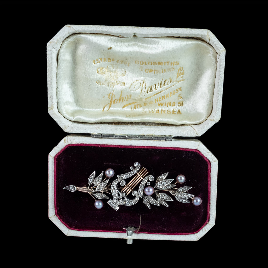 Antique Victorian French Brooch Pearl Diamond Olive Branch And Lyre With Box