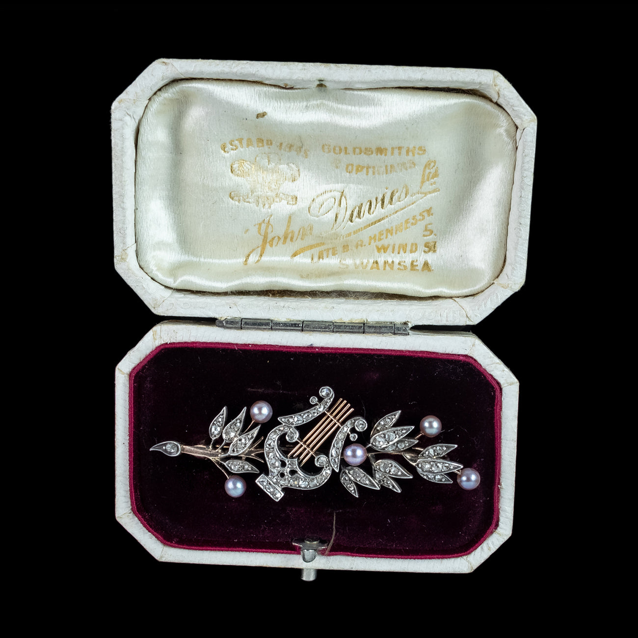 Antique Victorian French Brooch Pearl Diamond Olive Branch And Lyre With Box