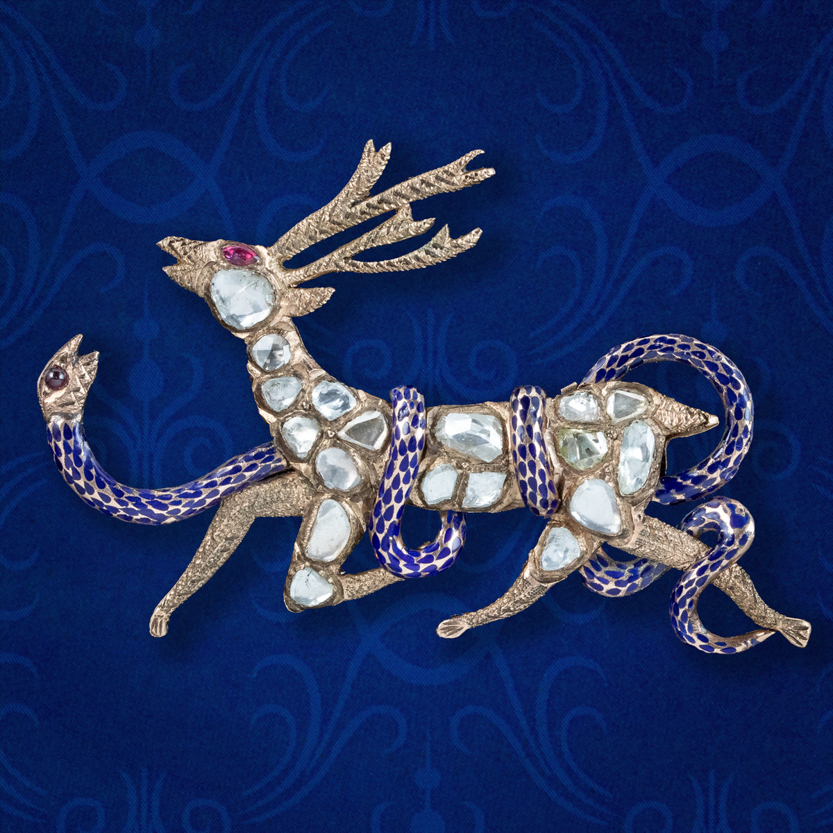 Antique Victorian French Diamond Stag And Snake Brooch 9ct Gold  Main image