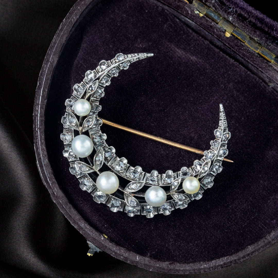 Antique Victorian French Pearl Diamond Crescent Moon Brooch Secondary image