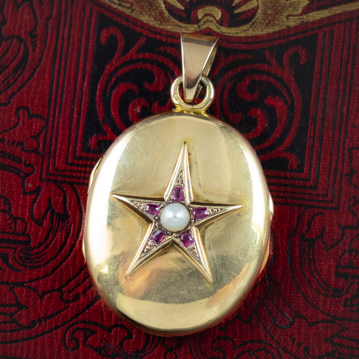 Antique Victorian French Ruby Pearl Star Locket 18ct Gold