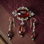 Antique Victorian Garnet Diamond Brooch And Earrings Suite With Box