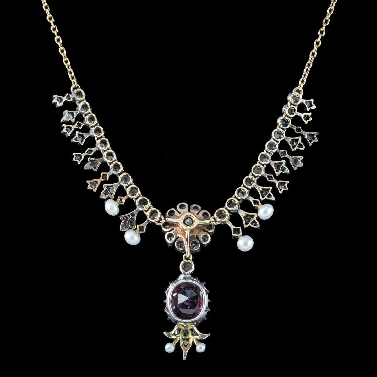 Antique Victorian Garnet Diamond Pearl Necklace And Earrings Suite With Box 