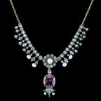 Antique Victorian Garnet Diamond Pearl Necklace And Earrings Suite With Box 