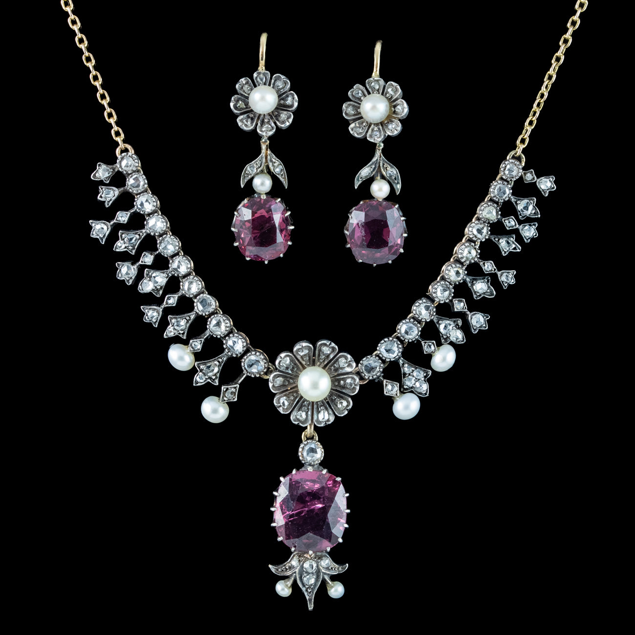 Antique Victorian Garnet Diamond Pearl Necklace And Earrings Suite With Box Secondary image