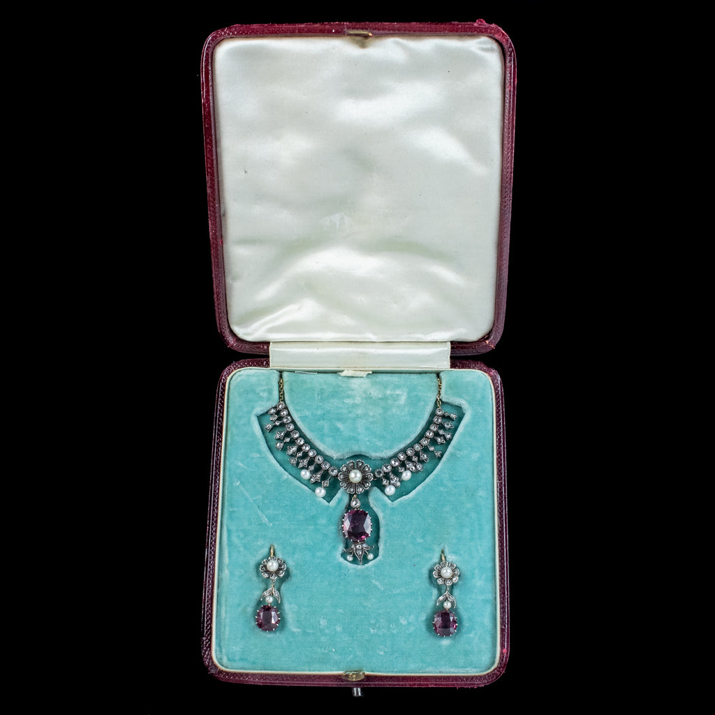 Antique Victorian Garnet Diamond Pearl Necklace And Earrings Suite With Box 
