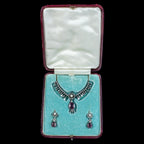 Antique Victorian Garnet Diamond Pearl Necklace And Earrings Suite With Box 