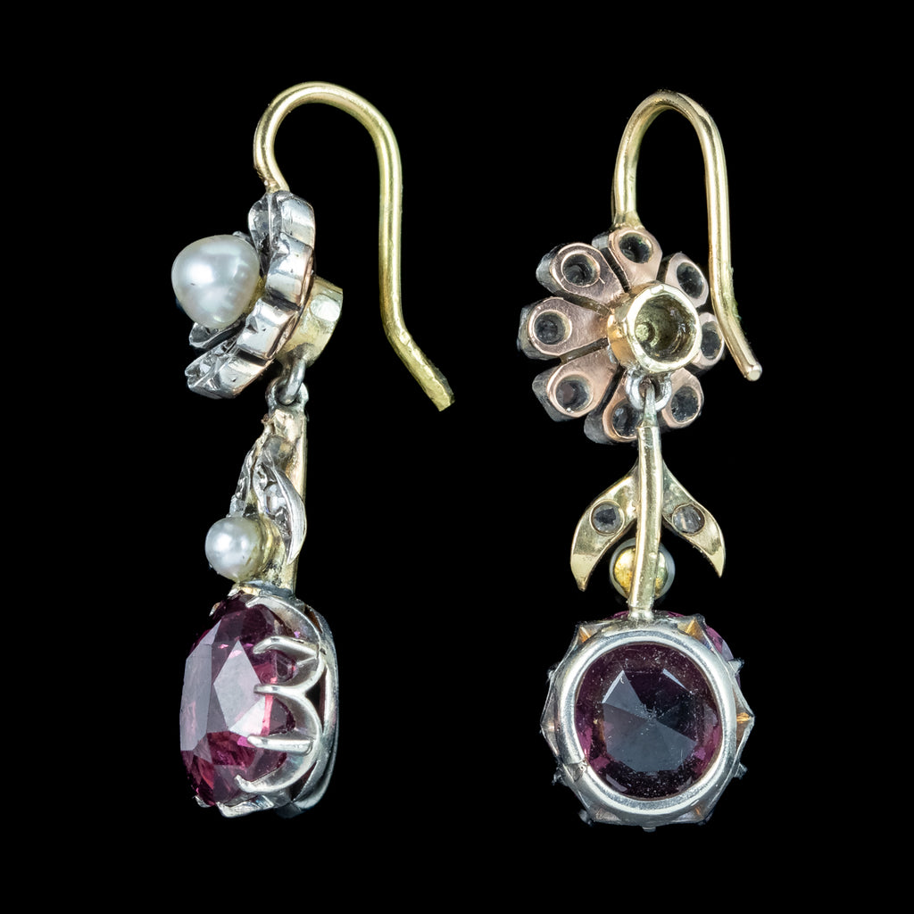 Antique Victorian Garnet Diamond Pearl Necklace And Earrings Suite With Box 