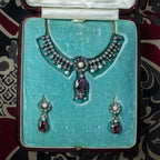 Antique Victorian Garnet Diamond Pearl Necklace And Earrings Suite With Box 