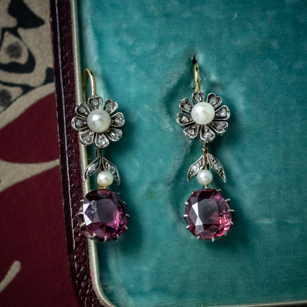 Antique Victorian Garnet Diamond Pearl Necklace And Earrings Suite With Box 