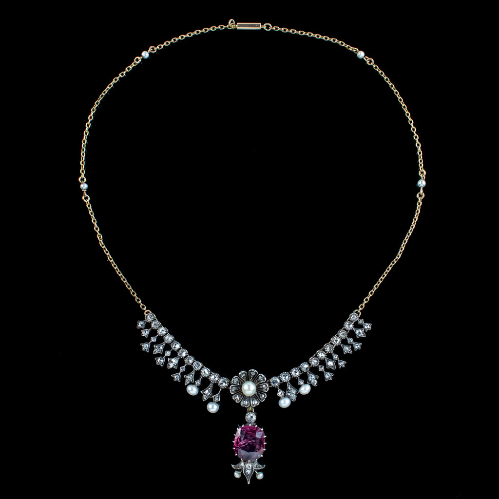 Antique Victorian Garnet Diamond Pearl Necklace And Earrings Suite With Box 