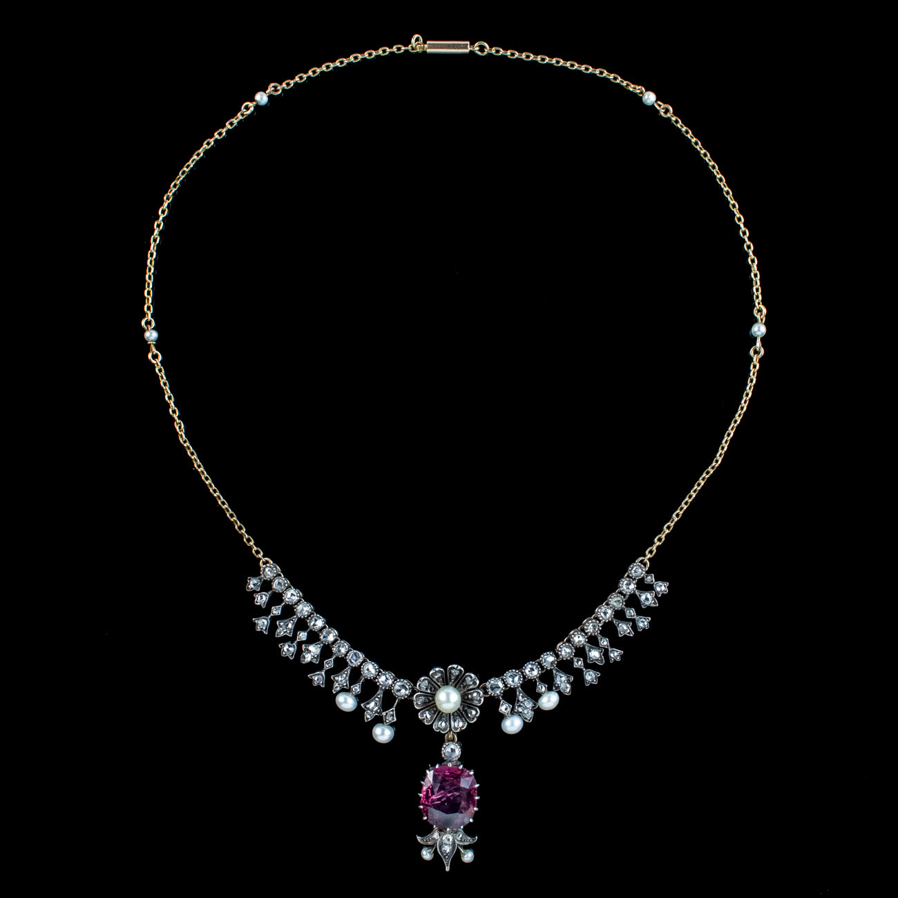 Antique Victorian Garnet Diamond Pearl Necklace And Earrings Suite With Box 