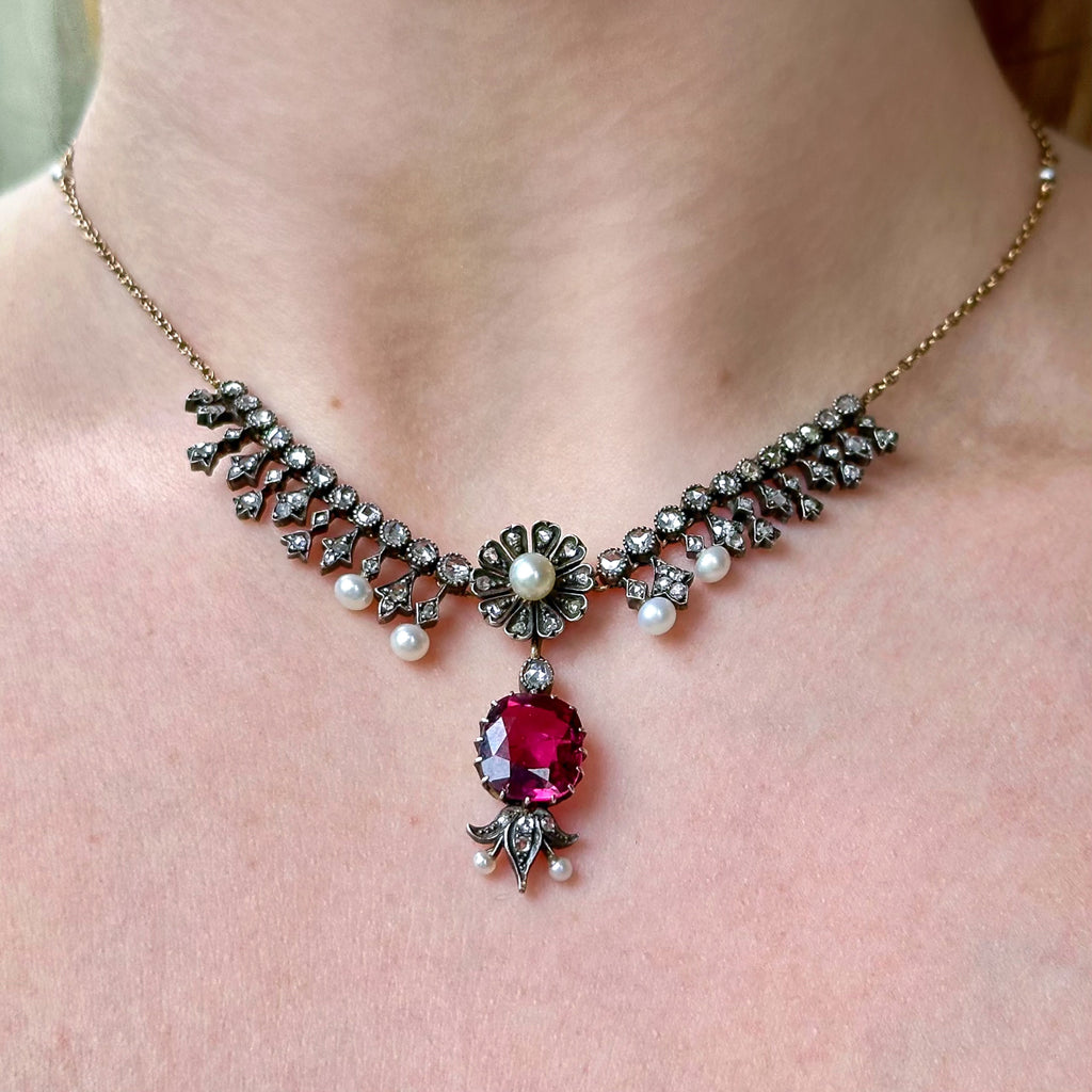 Antique Victorian Garnet Diamond Pearl Necklace And Earrings Suite With Box 