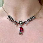 Antique Victorian Garnet Diamond Pearl Necklace And Earrings Suite With Box 