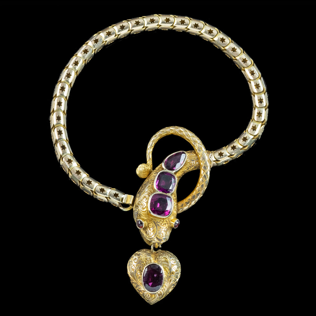Antique Victorian Garnet Snake Heart Bracelet 18ct Gold With Locket And Box
