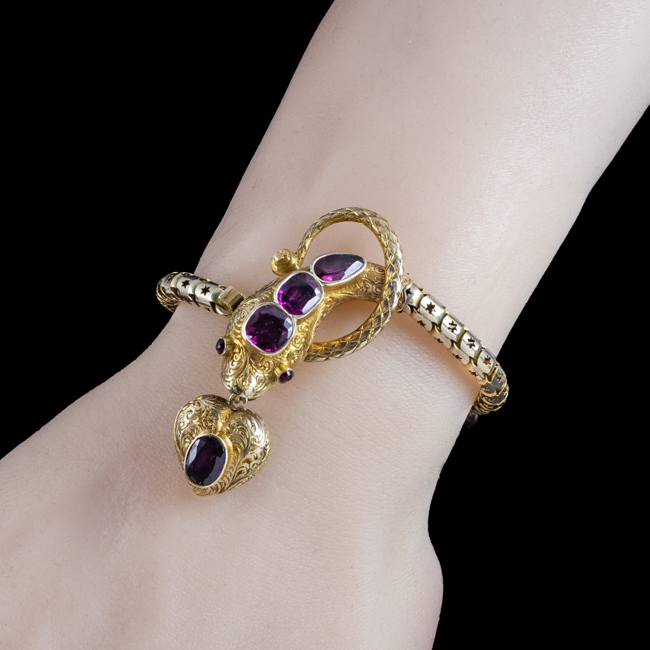 Antique Victorian Garnet Snake Heart Bracelet 18ct Gold With Locket And Box