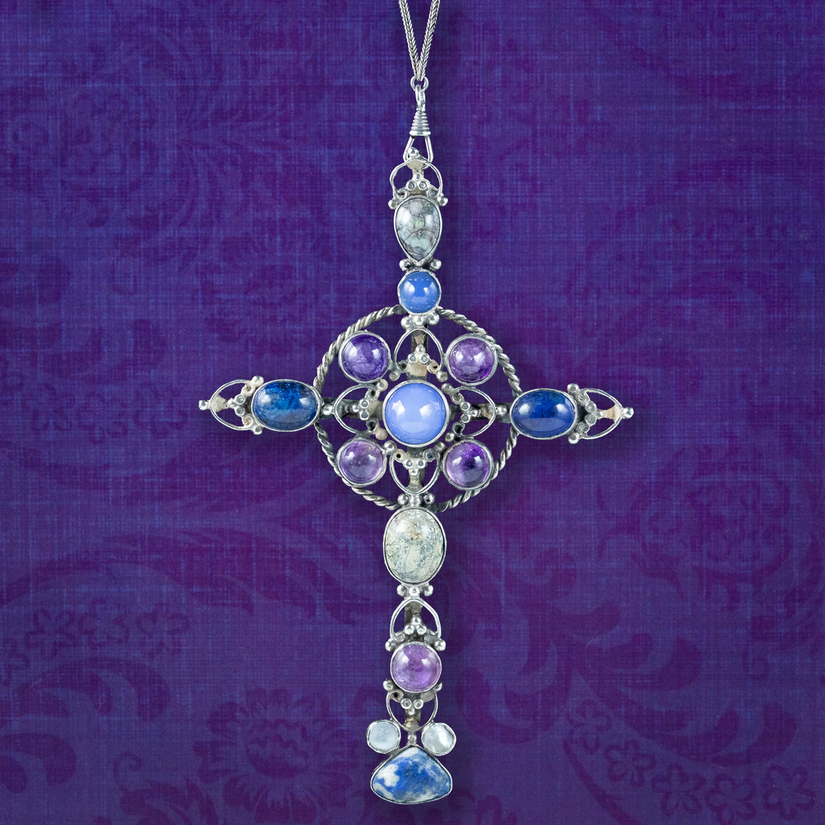 Antique Victorian Gemstone Cross Pendant And Silver Guard Chain Necklace Main image