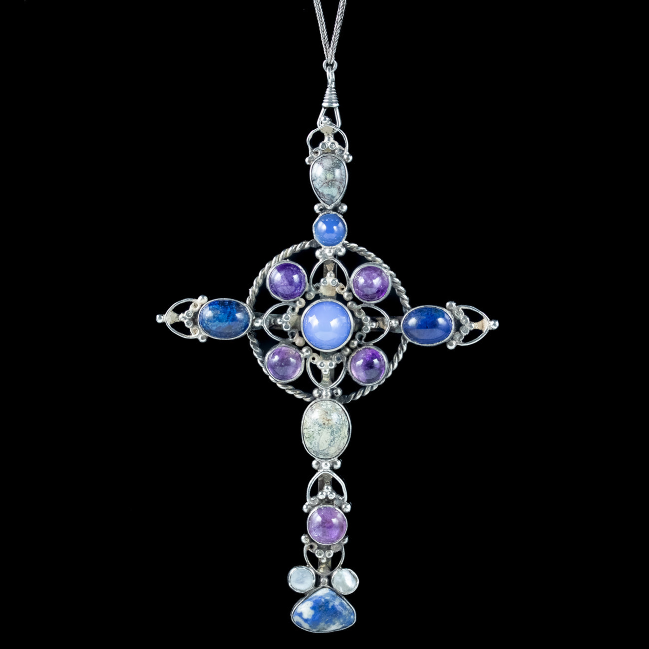 Antique Victorian Gemstone Cross Pendant And Silver Guard Chain Necklace Secondary image