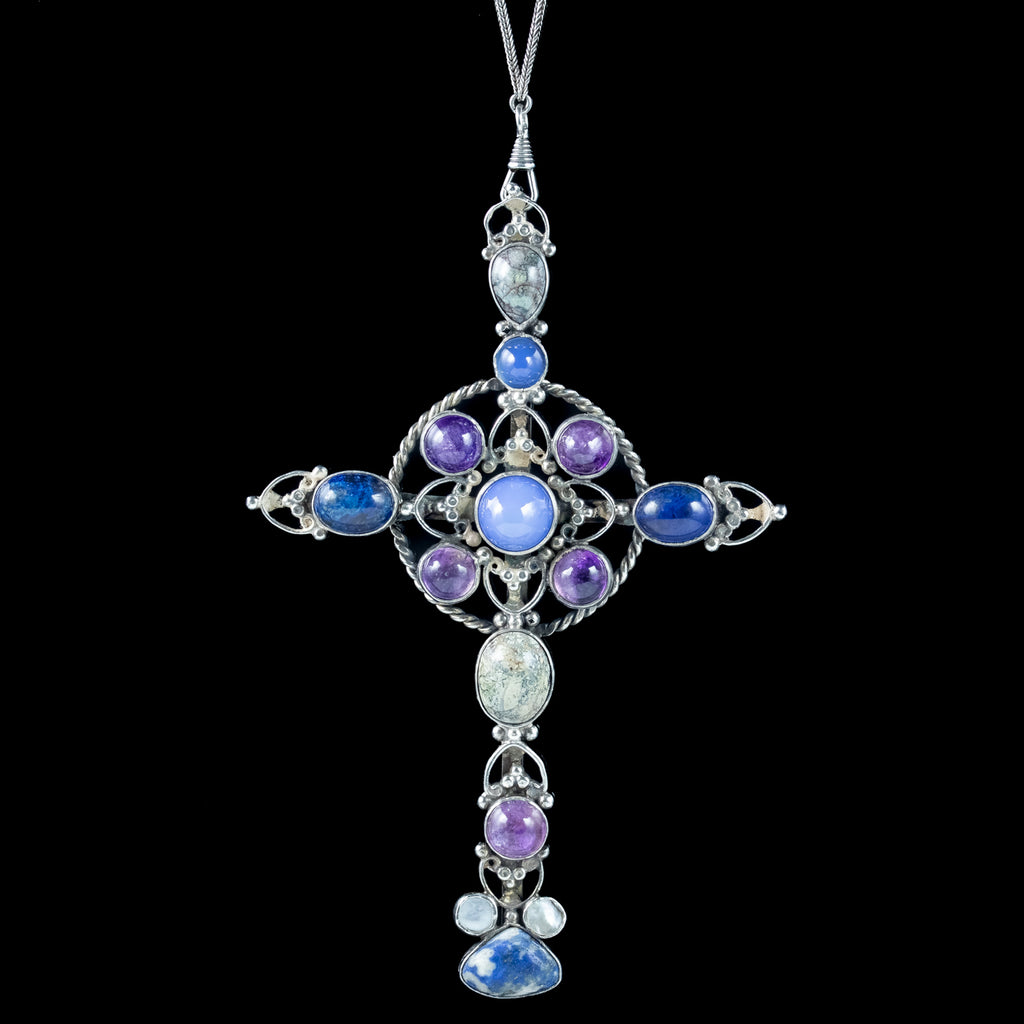 Antique Victorian Gemstone Cross Pendant And Silver Guard Chain Necklace