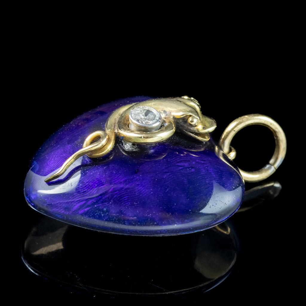 Antique Victorian Guilloche Enamel Heart Pendant Diamond Snake And Locket 
