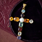 Antique Victorian Harlequin Gemstone Cross Pendant 18ct Gold