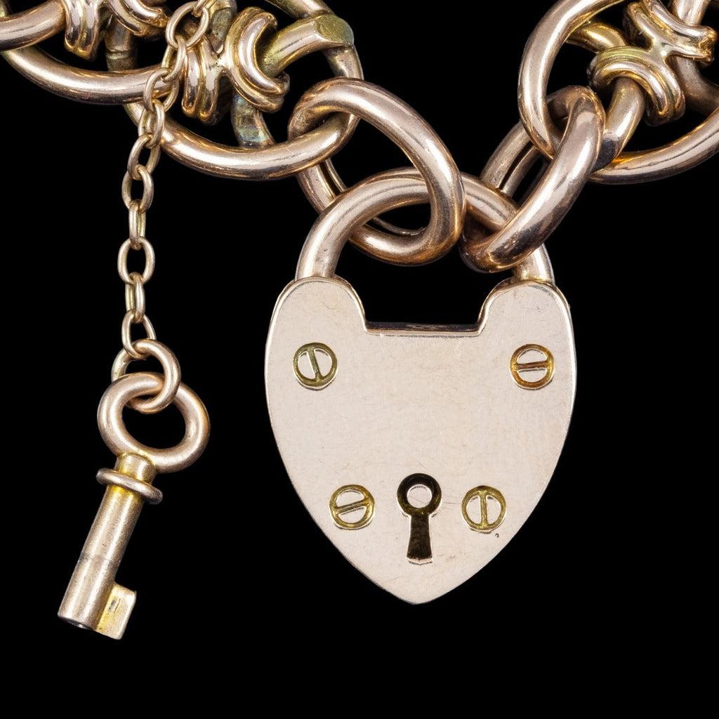 Antique Victorian Heart Lock And Key Bracelet 15ct Gold 
