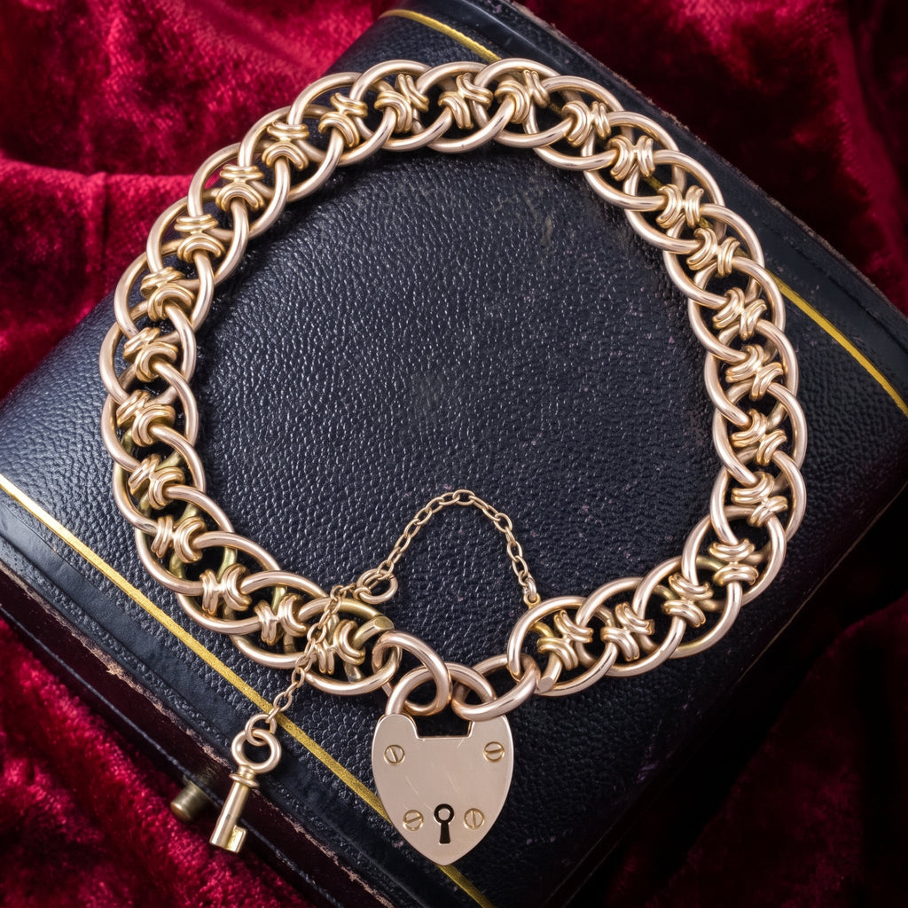 Antique Victorian Heart Lock And Key Bracelet 15ct Gold